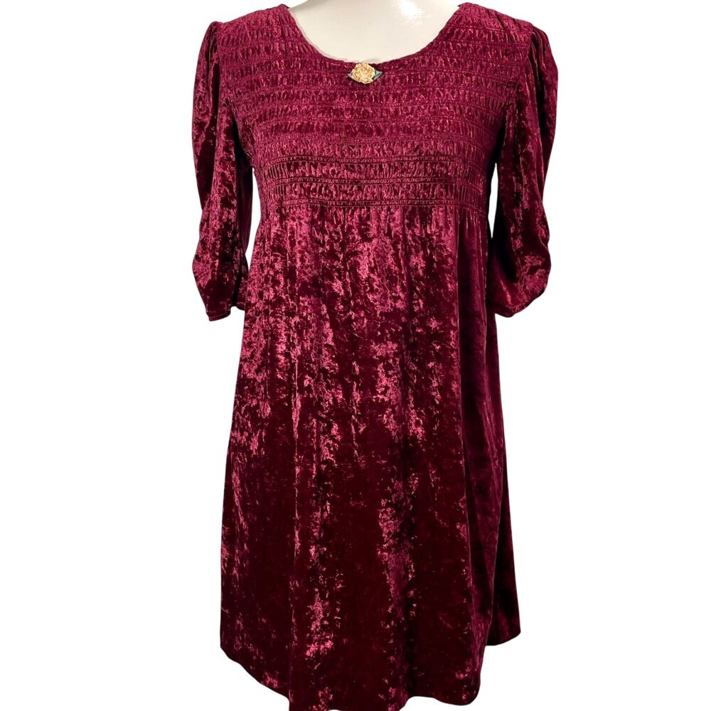 Vintage 90s Velvet Smocked Mini Dress Plum Red Jazz Kids Size 7 / Small